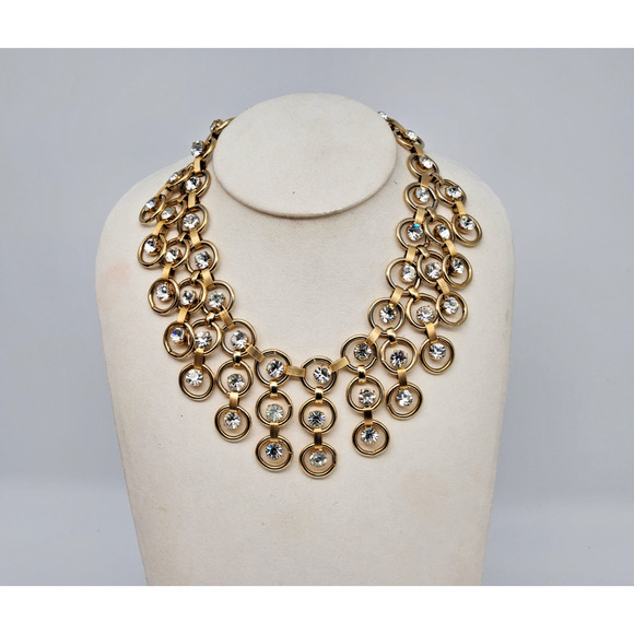 Vintage Statement Gold Circle Link Rhinestone Bib Festoon Collar Necklace